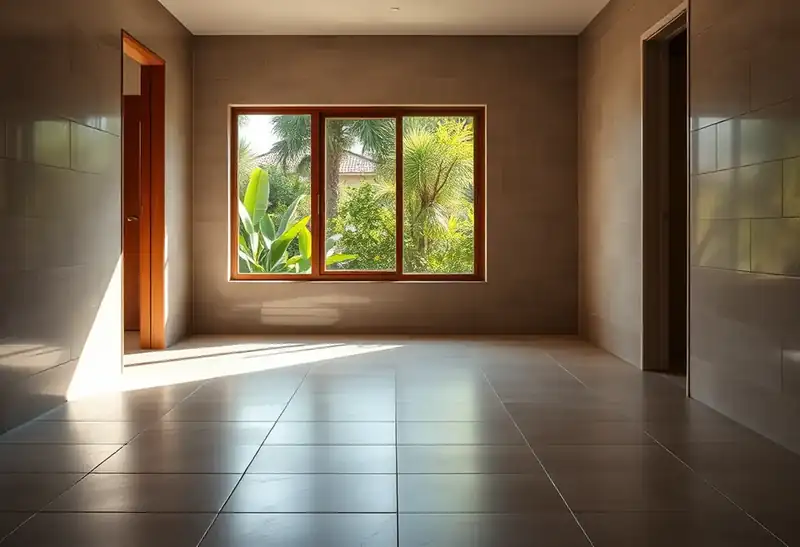 Illustration of floor with freshly laid large-format tile in a 1970-era home