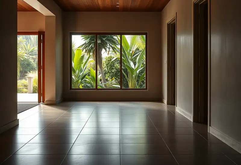 Illustration of floor with freshly laid large-format tile in a 1970-era home