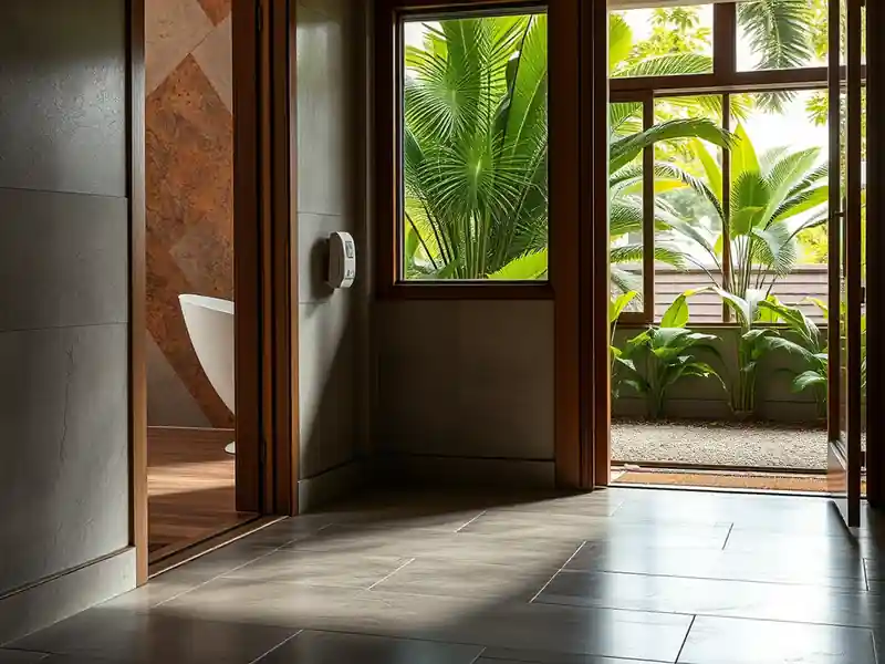 Illustration of close-up of materials and finishes of floor with freshly laid large-format tile in a 1970-era home