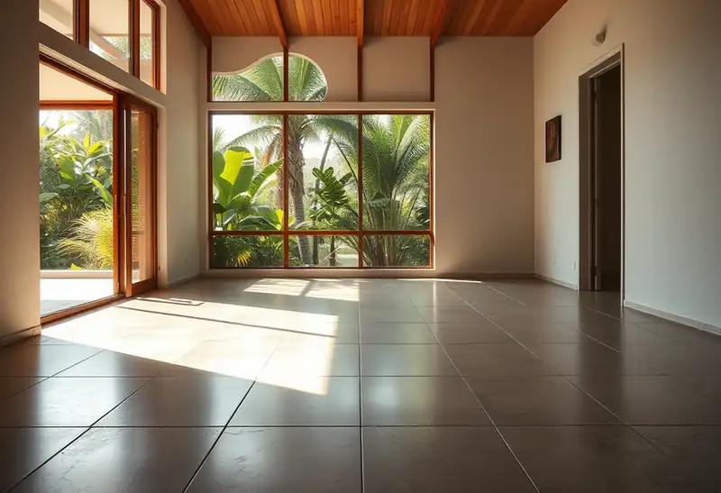 Illustration of floor with freshly laid large-format tile in a 1970-era home