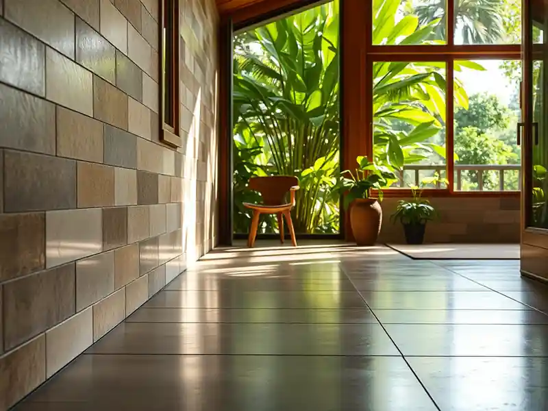 Illustration of close-up of materials and finishes of floor with freshly laid large-format tile in a 1970-era home
