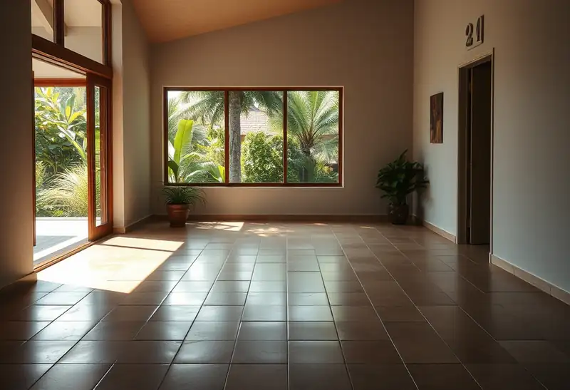 Illustration of floor with freshly laid large-format tile in a 1970-era home