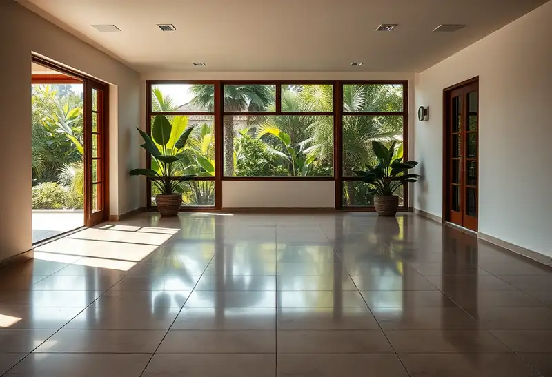 Illustration of floor with freshly laid large-format tile in a 1970-era home