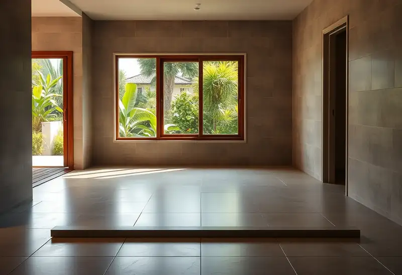 Illustration of floor with freshly laid large-format tile in a 1970-era home