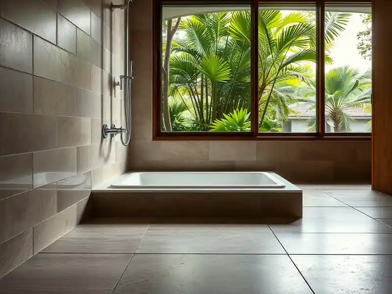 Illustration of close-up of materials and finishes of floor with freshly laid large-format tile in a 1970-era home