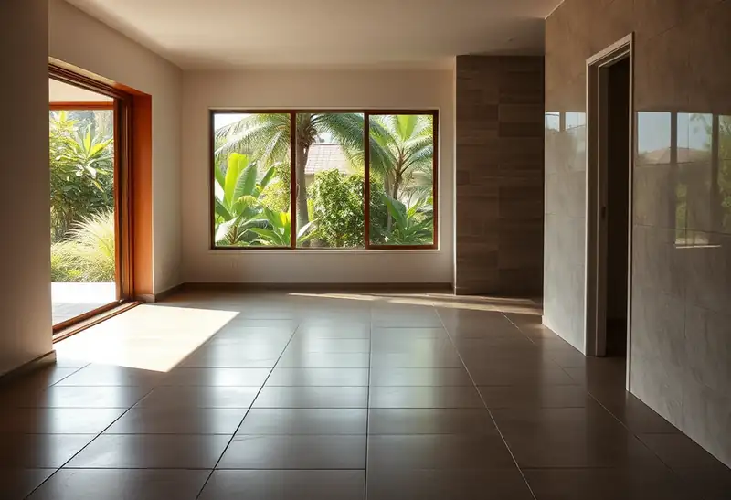 Illustration of floor with freshly laid large-format tile in a 1970-era home