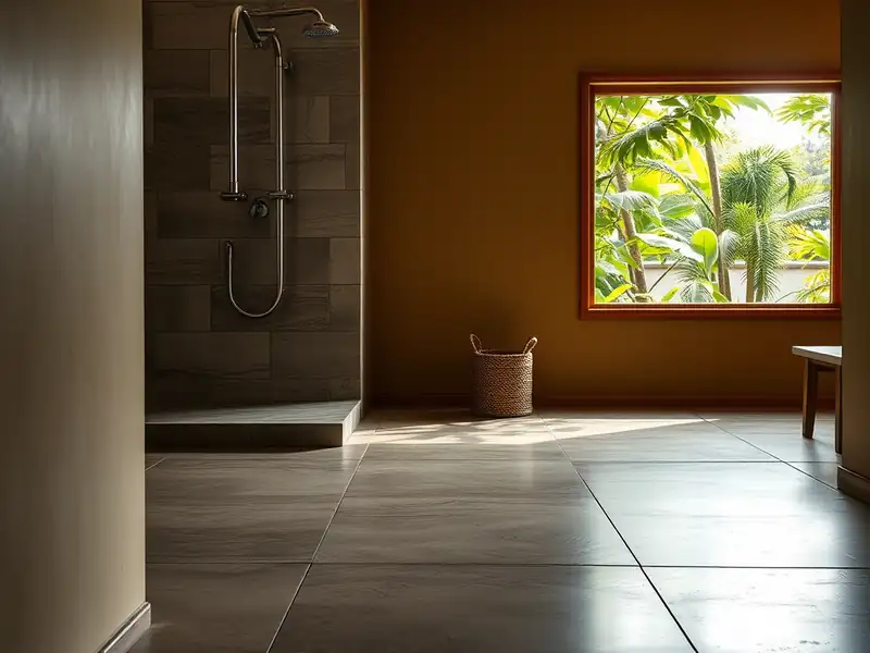 Illustration of close-up of materials and finishes of floor with freshly laid large-format tile in a 1970-era home