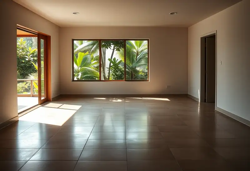 Illustration of floor with freshly laid large-format tile in a 1970-era home
