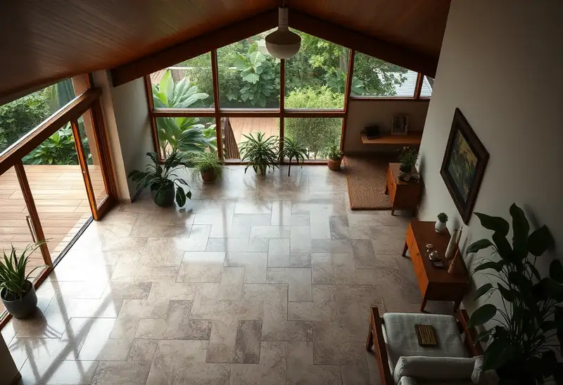 Illustration of floor with freshly laid large-format tile in a 1970-era home