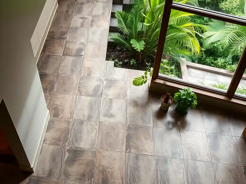 Illustration of close-up of materials and finishes of floor with freshly laid large-format tile in a 1970-era home
