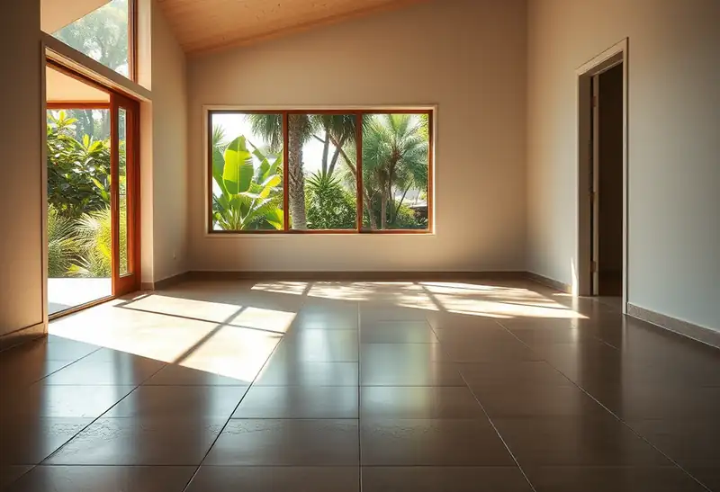 Illustration of floor with freshly laid large-format tile in a 1970-era home