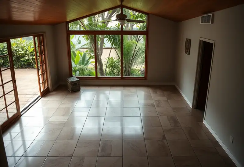 Illustration of floor with freshly laid large-format tile in a 1970-era home
