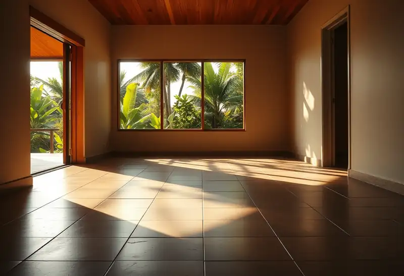 Illustration of floor with freshly laid large-format tile in a 1970-era home