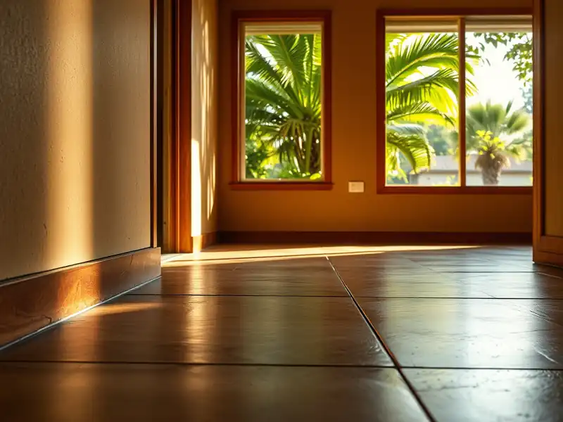 Illustration of close-up of materials and finishes of floor with freshly laid large-format tile in a 1970-era home