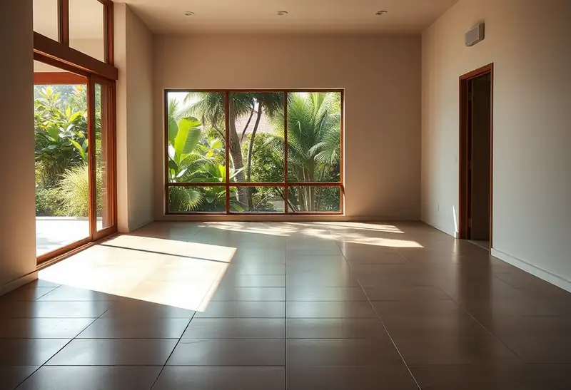 Illustration of floor with freshly laid large-format tile in a 1970-era home
