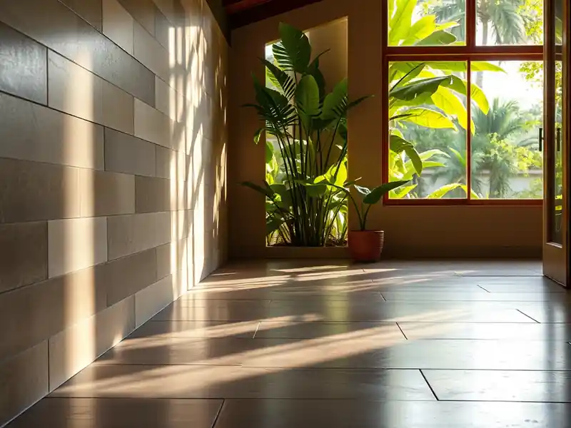Illustration of close-up of materials and finishes of floor with freshly laid large-format tile in a 1970-era home